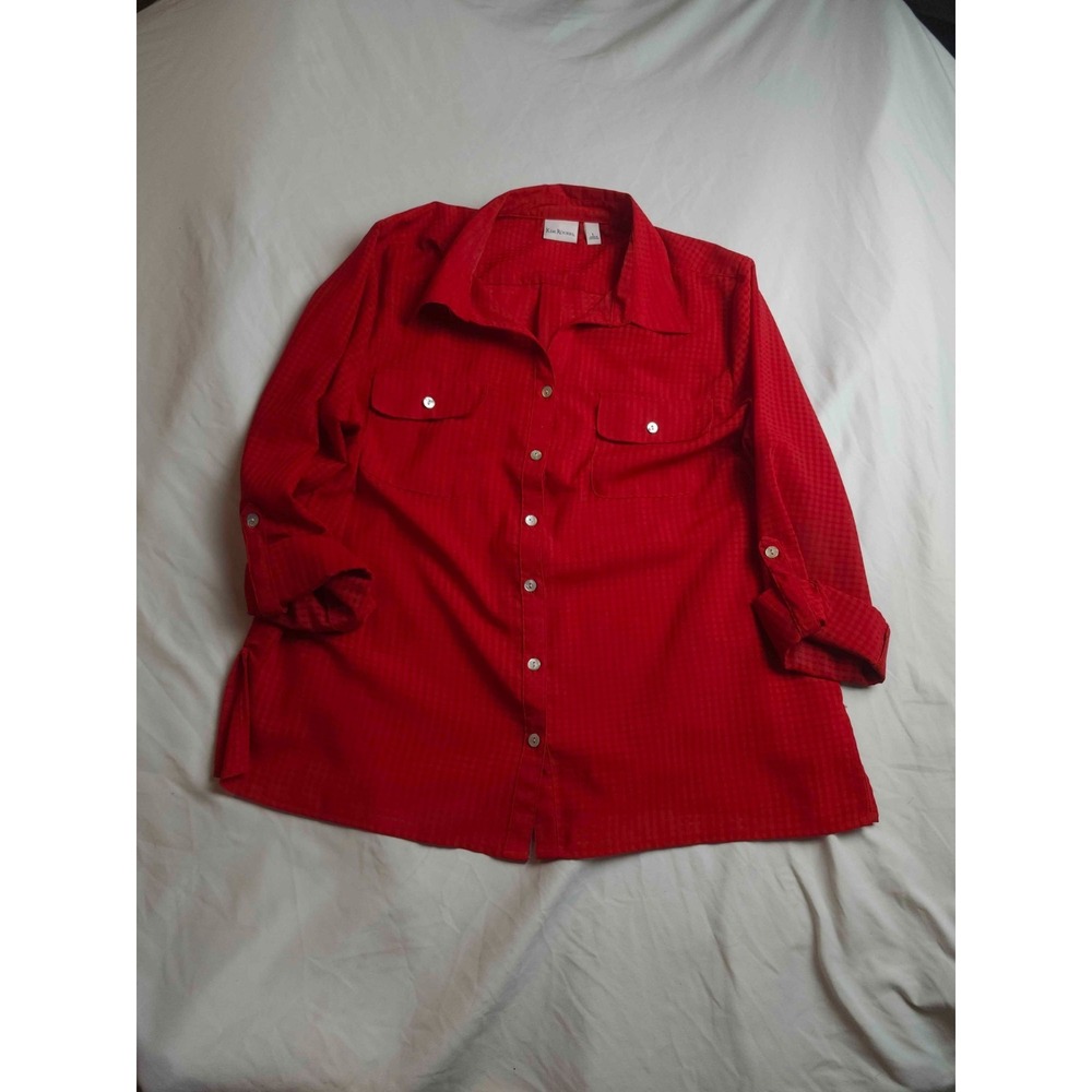 Kim Rogers Shirt Womens L Red Roll Tab Sleeve Button‎ Up Grid Texture Blouse